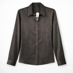Vtg Gold Black Striped Button Down Long Sleeve Shirt L Metallic Y2K Indie Sleaze